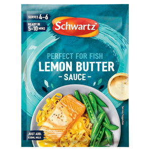 A package of Schwartz Lemon Butter Sauce Mix 38G featuring a serving suggestion of salmon and pasta with green beans to show the final prepared dish.