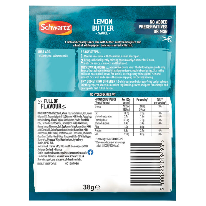 The back of a packet of Schwartz Lemon Butter Sauce Mix 38G provides detailed cooking instructions, nutritional values, and a full list of ingredients for this rich and creamy sauce.