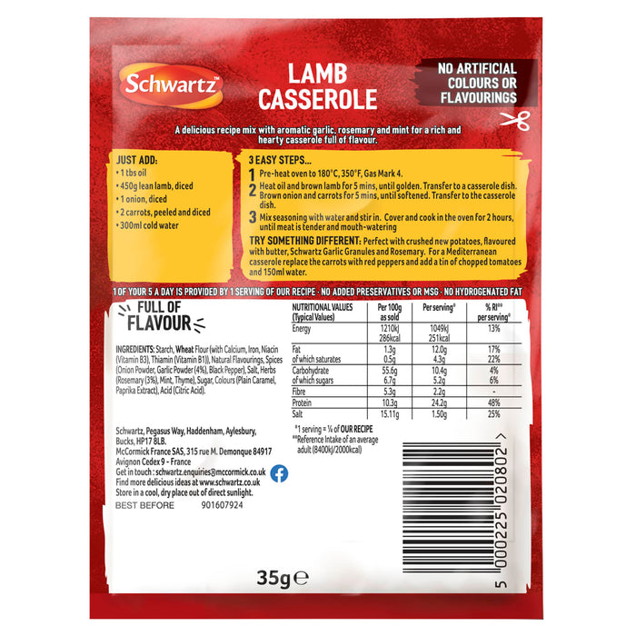 The back of a red and yellow packet of Schwartz Lamb Casserole Recipe Mix 35G displays detailed cooking instructions, a list of ingredients, and a nutritional information table.