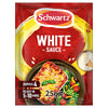 A packet of Schwartz Savoury White Sauce 25G featuring a serving suggestion of creamy lasagne and a fresh side salad.