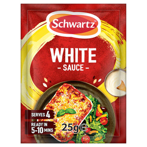 A packet of Schwartz Savoury White Sauce 25G featuring a serving suggestion of creamy lasagne and a fresh side salad.