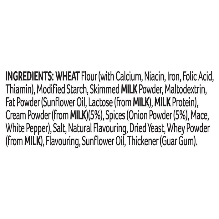 A detailed list of ingredients for Schwartz Savoury White Sauce 25G including wheat flour, skimmed milk powder, and various spices like onion powder and white pepper.