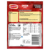 The back of a 28g packet of Ds Onion Sauce by Schwartz provides nutritional information and cooking instructions for a rich and creamy sauce with minced onion and garlic.
