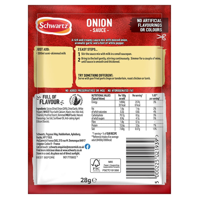 The back of a 28g packet of Ds Onion Sauce by Schwartz provides nutritional information and cooking instructions for a rich and creamy sauce with minced onion and garlic.