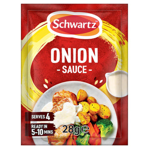 A 28g packet of Ds Onion Sauce from Schwartz featuring a serving suggestion of chicken and vegetables topped with the creamy sauce.