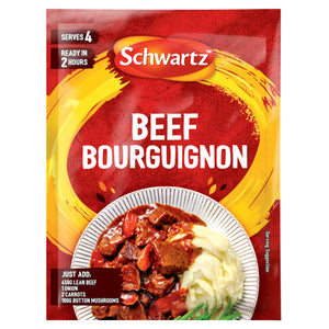 A packet of Schwartz Sa Beef Bourguignon recipe mix featuring a serving suggestion of rich beef stew alongside creamy mashed potatoes and green beans.