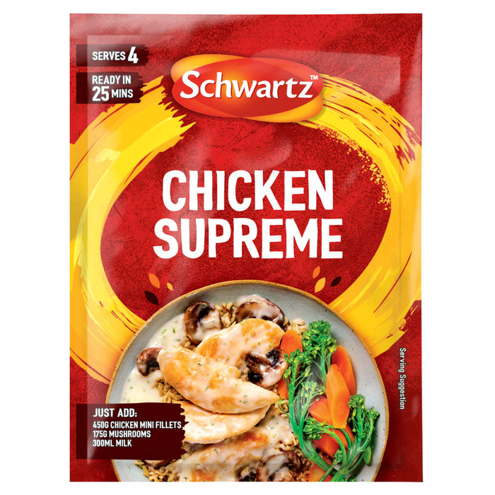 A recyclable packet of Schwartz Sa Chicken Supreme recipe mix that serves four people and is ready in twenty-five minutes.
