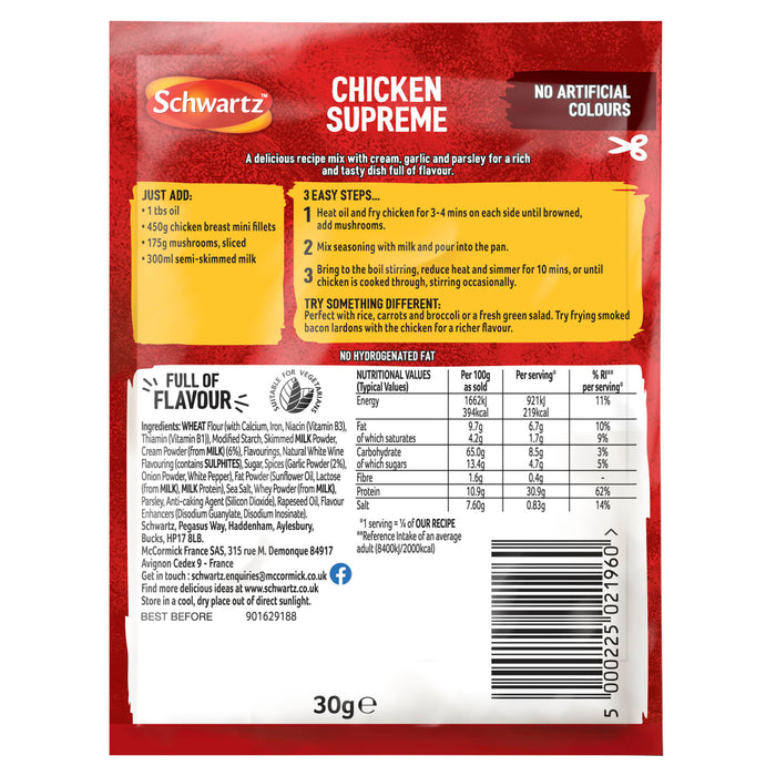 The back of a red and yellow packet of Schwartz Sa Chicken Supreme recipe mix displays cooking instructions, nutritional information, and a list of ingredients.