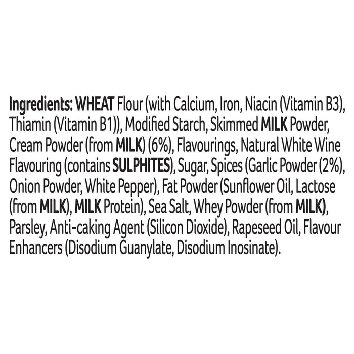 A detailed list of ingredients for Sa Chicken Supreme includes wheat flour, skimmed milk powder, and natural white wine flavoring containing sulphites.