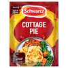 A red packet of Schwartz Sa Cottage Pie seasoning mix is shown with a serving suggestion of the finished dish on a plate with mashed potatoes and vegetables.