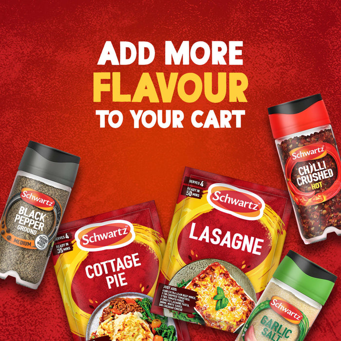 An advertisement for Schwartz products shows a packet of Sa Cottage Pie, Lasagne mix, and jars of Black Pepper, Chilli Crushed, and Garlic Salt against a red background with the text Add More Flavour To Your Cart.
