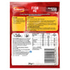 The back of a red and yellow packet for Schwartz Fish Pie 26G provides detailed cooking instructions, nutritional information, and a list of ingredients for a creamy recipe mix.