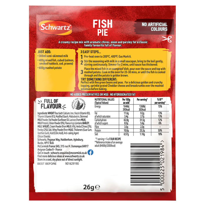 The back of a red and yellow packet for Schwartz Fish Pie 26G provides detailed cooking instructions, nutritional information, and a list of ingredients for a creamy recipe mix.