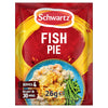 A packet of Schwartz Fish Pie 26G seasoning mix featuring a serving suggestion of creamy fish pie topped with mashed potatoes and a side of green beans.