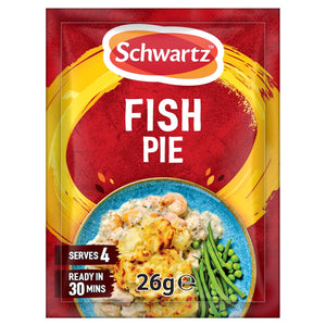 A packet of Schwartz Fish Pie 26G seasoning mix featuring a serving suggestion of creamy fish pie topped with mashed potatoes and a side of green beans.