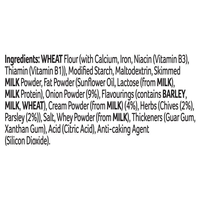 A detailed list of ingredients for Schwartz Fish Pie 26G including wheat flour, skimmed milk powder, onion powder, and various herbs and thickeners.