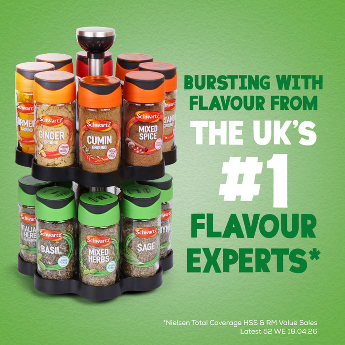 A two tier rotating Spice Rack Engraved Gift Set filled with various Schwartz herbs and spices like Ginger, Cumin, and Basil is displayed against a green background with text claiming they are the UK number one flavour experts.