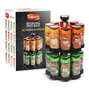 A Schwartz Spice Rack Engraved Gift Set featuring a two-tier revolving stand filled with sixteen assorted herbs and spices like ginger, cumin, and basil next to its branded packaging.