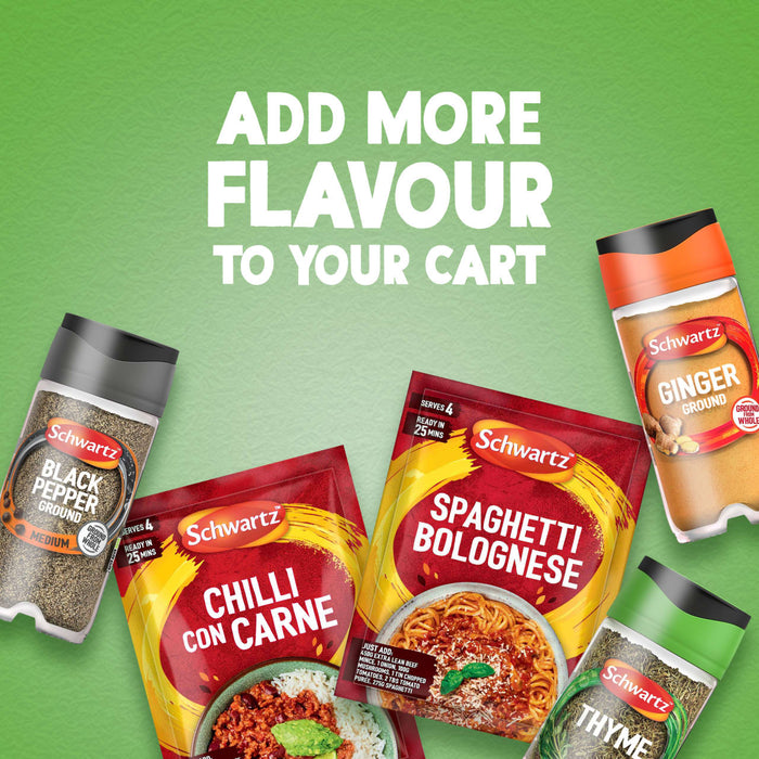A promotional graphic featuring Schwartz ground black pepper, ground ginger, thyme, and recipe mixes for chilli con carne and spaghetti bolognese belonging to the Spice Rack Engraved Gift Set against a green background.