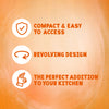 An infographic highlighting the features of the Spice Rack Engraved Gift Set including its compact and easy to access revolving design that makes it the perfect addition to your kitchen.