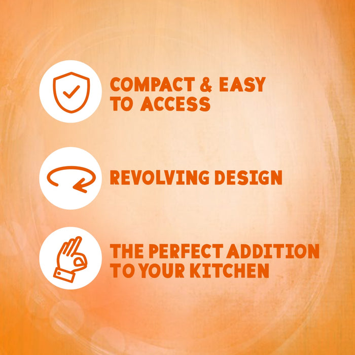 An infographic highlighting the features of the Spice Rack Engraved Gift Set including its compact and easy to access revolving design that makes it the perfect addition to your kitchen.