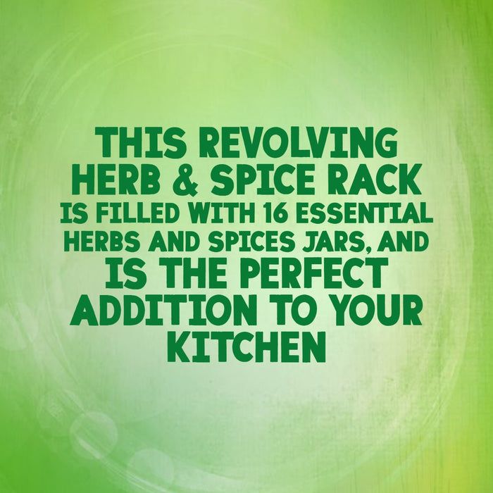 A green graphic illustration highlights that this Spice Rack Engraved Gift Set is a revolving herb and spice rack filled with 16 essential jars for your kitchen.