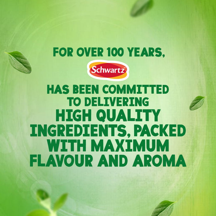 A graphic illustration for the Spice Rack Engraved Gift Set featuring the Schwartz logo and text stating that for over 100 years the brand has been committed to delivering high quality ingredients packed with maximum flavour and aroma.