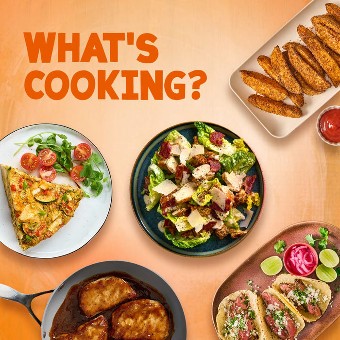 A vibrant food spread featuring a variety of dishes like steak tacos, chicken caesar salad, and potato wedges that could be seasoned using the Spice Rack Engraved Gift Set.