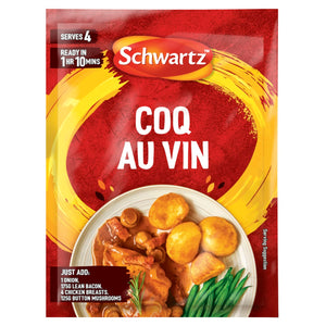 A recyclable packet of Schwartz Coq Au Vin recipe mix featuring a serving suggestion of chicken in a rich sauce with potatoes and green beans.