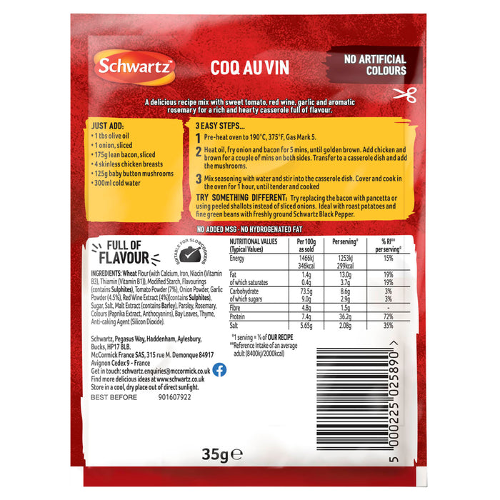 The back of a recyclable pack of Schwartz Coq Au Vin recipe mix provides a list of required ingredients, easy cooking steps, and a nutritional values table.