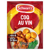 A 35g packet of Schwartz Coq Au Vin recipe mix featuring a serving suggestion of chicken in a rich sauce with mushrooms, potatoes, and green beans.