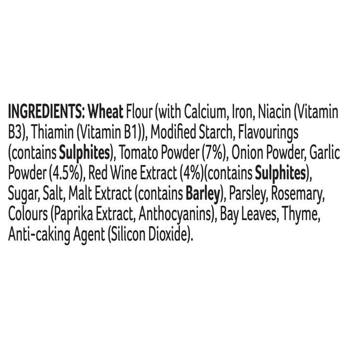 A list of ingredients for a food product containing wheat flour, tomato powder, red wine extract, and various herbs and spices.
