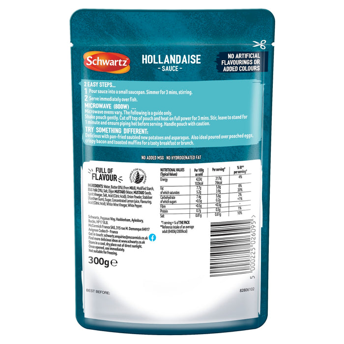 The back of a pouch of Schwartz For Fish Classic Hollandaise 300 provides cooking instructions for the hob and microwave along with a full nutritional table and ingredient list.