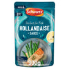 A 300g microwaveable pouch of Schwartz For Fish Classic Hollandaise 300 sauce featuring a serving suggestion of salmon and asparagus on a blue plate.