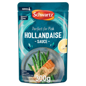A 300g microwaveable pouch of Schwartz For Fish Classic Hollandaise 300 sauce featuring a serving suggestion of salmon and asparagus on a blue plate.