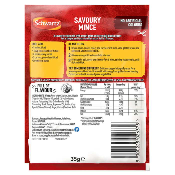 The back of a packet of Schwartz Amix Savoury Mince 35G provides detailed cooking instructions, nutritional information, and a list of ingredients for a family classic recipe.
