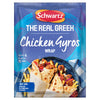 A packet of Schwartz The Real Greek Chicken Gyros Wrap 20G seasoning mix is shown in front of a serving suggestion of chicken gyros in flatbreads with fries.