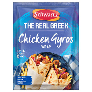 A packet of Schwartz The Real Greek Chicken Gyros Wrap 20G seasoning mix is shown in front of a serving suggestion of chicken gyros in flatbreads with fries.