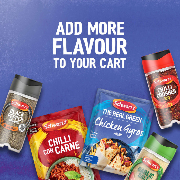 An advertisement for Schwartz products shows a package of Schwartz The Real Greek Chicken Gyros Wrap 20G alongside other seasonings like Black Pepper, Chilli Con Carne, Crushed Chilli, and Garlic Salt, with the text Add more flavour to your cart.