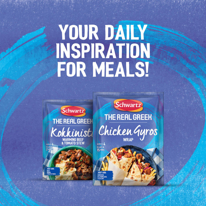 An advertisement for daily meal inspiration features two Schwartz The Real Greek meal kits, with a packet of Schwartz The Real Greek Chicken Gyros Wrap 20G placed in front of a Kokkinisto stew packet.