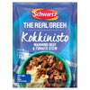 The front of a packet of Schwartz The Real Greek Kokkinisto Warming Beef & Tomato Stew 30G is displayed in front of a serving suggestion of the rich beef and tomato stew served over mashed potatoes in a green bowl.