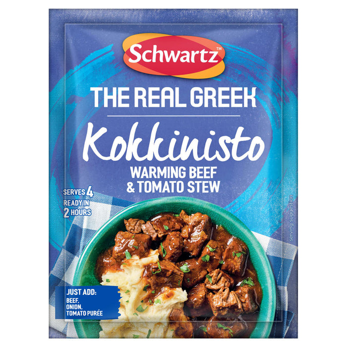 The front of a packet of Schwartz The Real Greek Kokkinisto Warming Beef & Tomato Stew 30G is displayed in front of a serving suggestion of the rich beef and tomato stew served over mashed potatoes in a green bowl.