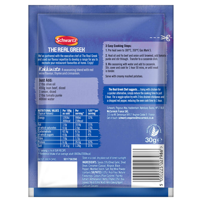 The back of a packet of Schwartz The Real Greek Kokkinisto Warming Beef & Tomato Stew 30G, showing the nutritional information, ingredients, and cooking instructions.