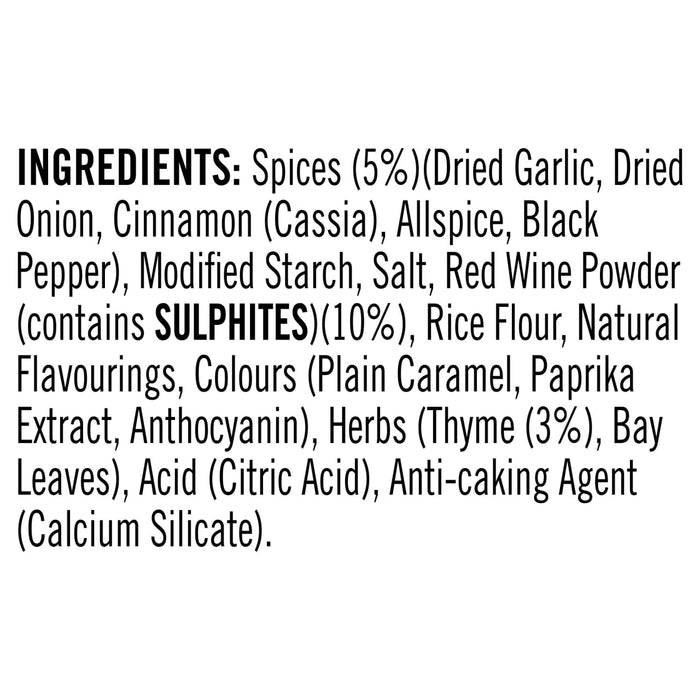 The ingredients list for Schwartz The Real Greek Kokkinisto Warming Beef & Tomato Stew 30G, which includes spices, modified starch, and red wine powder.