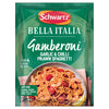 A green sachet of Schwartz Bella Italia Gamberoni Garlic & Chilli Prawn Spaghetti 35G is shown in front of a delicious serving suggestion of the finished pasta dish in a rustic bowl.