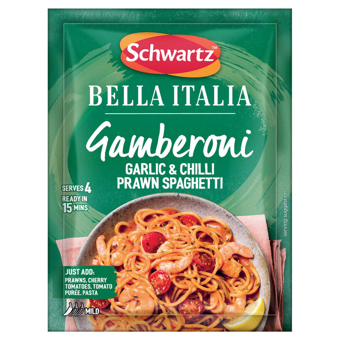 A green sachet of Schwartz Bella Italia Gamberoni Garlic & Chilli Prawn Spaghetti 35G is shown in front of a delicious serving suggestion of the finished pasta dish in a rustic bowl.