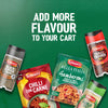 An advertisement encourages shoppers to add more flavor to their cart, featuring a variety of Schwartz seasonings, including a packet of Schwartz Bella Italia Gamberoni Garlic & Chilli Prawn Spaghetti 35G, against a green background.
