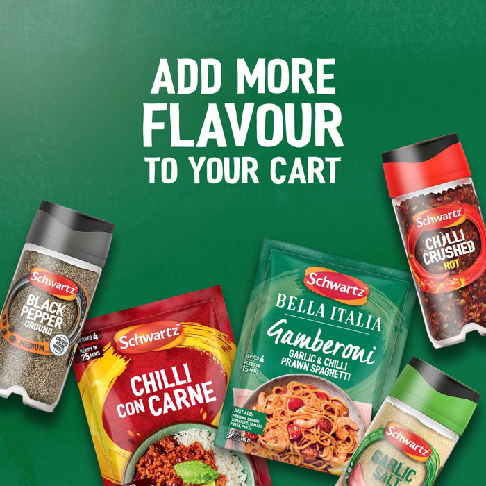 An advertisement encourages shoppers to add more flavor to their cart, featuring a variety of Schwartz seasonings, including a packet of Schwartz Bella Italia Gamberoni Garlic & Chilli Prawn Spaghetti 35G, against a green background.
