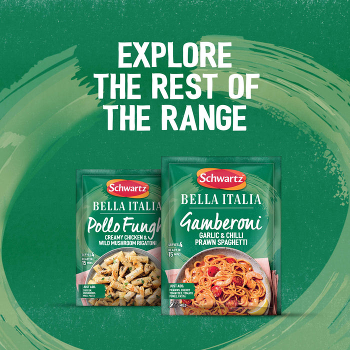 An advertisement showing a packet of Schwartz Bella Italia Gamberoni Garlic & Chilli Prawn Spaghetti 35G next to a packet of Pollo Funghi on a green background with the text EXPLORE THE REST OF THE RANGE.