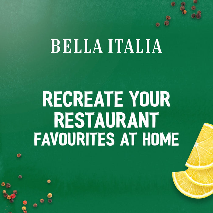 An advertisement for Schwartz Bella Italia Gamberoni Garlic & Chilli Prawn Spaghetti 35G shows the text Bella Italia, Recreate your restaurant favourites at home on a green background with lemons and peppercorns.